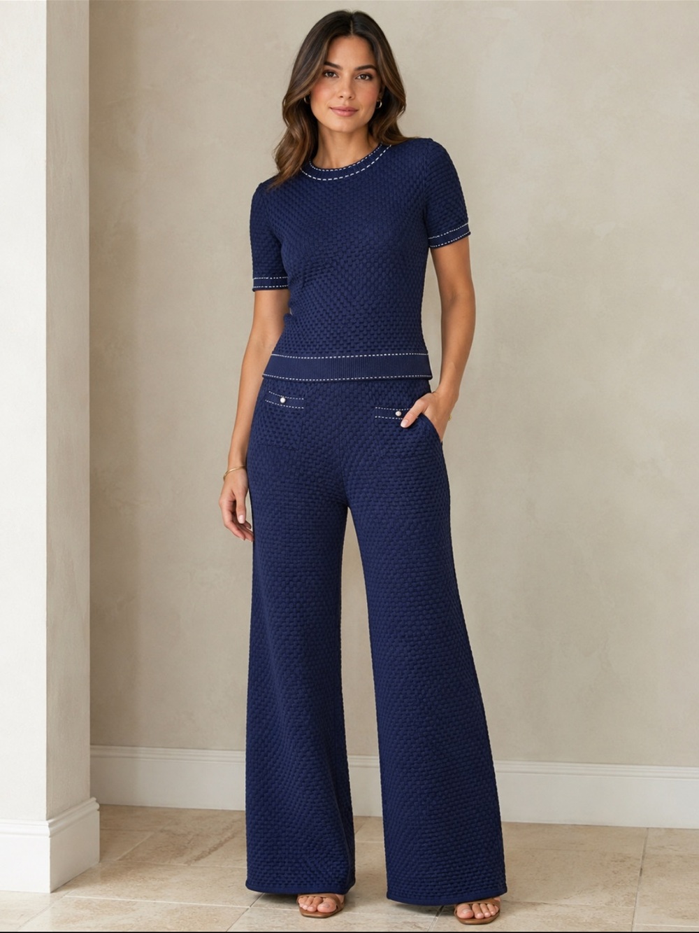 CH Carolina Herrera Navy Blue Textured Knit Matching Set (Top & Wide Leg Pants)M